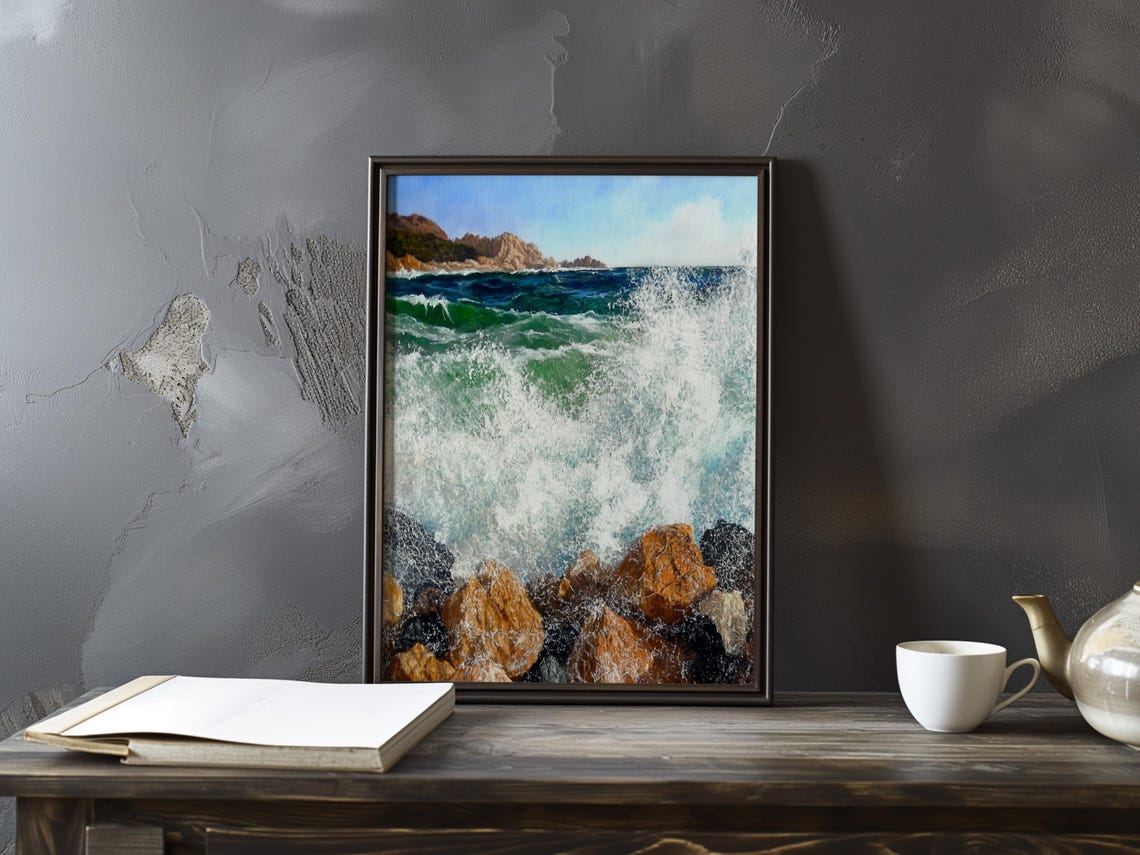 Turquoise Breakers Crashing on Red Rocks by a Distant Point Poster