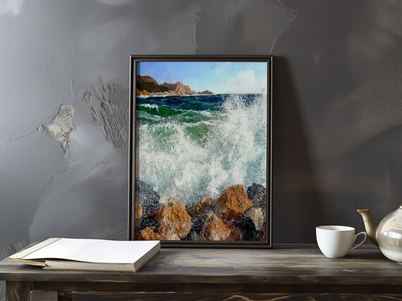 Turquoise Breakers Crashing on Red Rocks by a Distant Point Poster