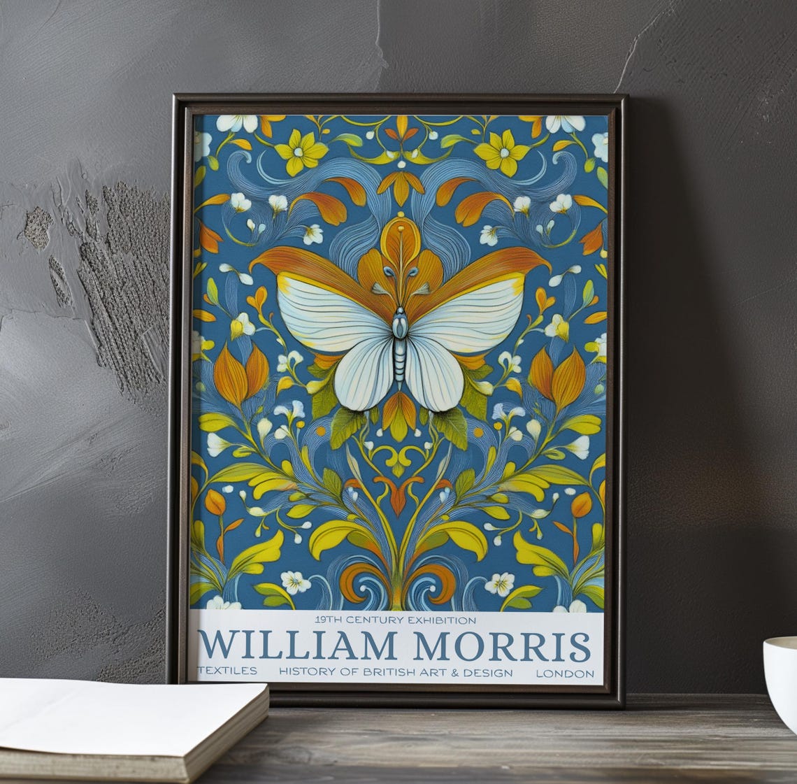 William Morris White Butterfly Blue Leaf Pattern Wall Poster