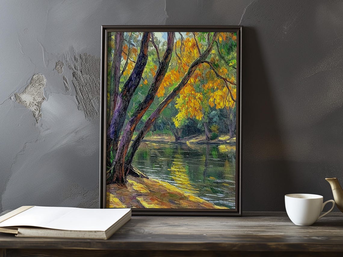 Golden Arched Trees Over a Green River Bend Impressionist Poster