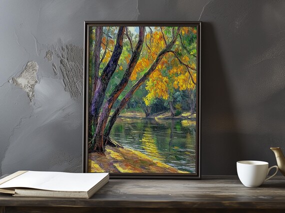 Golden Arched Trees Over a Green River Bend Impressionist Poster