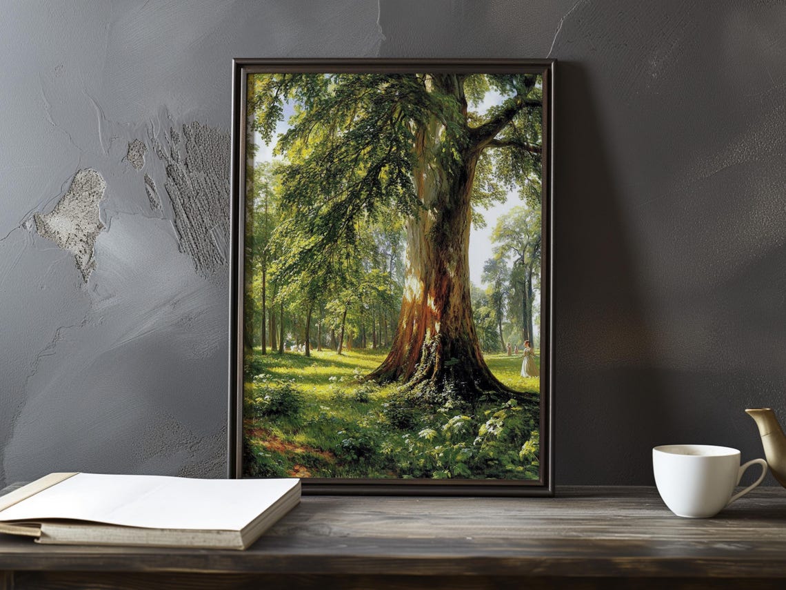 Ancient Giant Tree in a Sunlit Forest Clearing Impressionist Poster