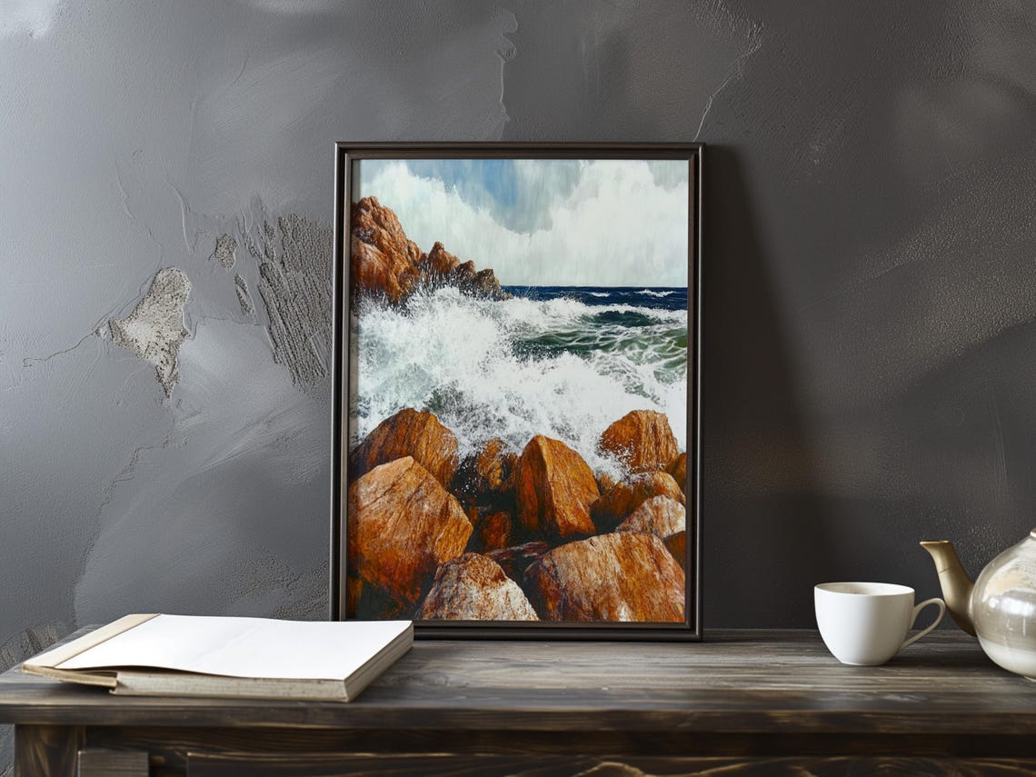 Foam Exploding Over Boulders Beneath a Stormy Ocean Sky Poster