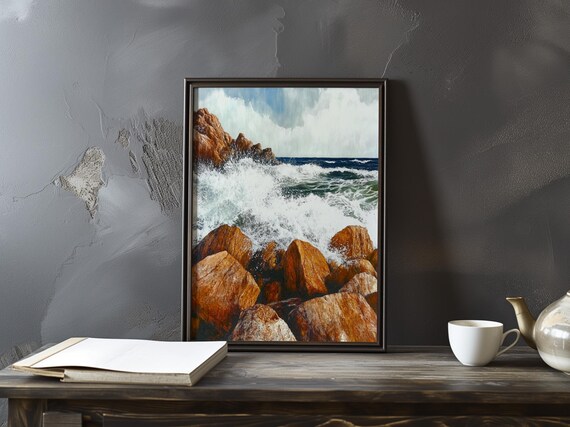 Foam Exploding Over Boulders Beneath a Stormy Ocean Sky Poster