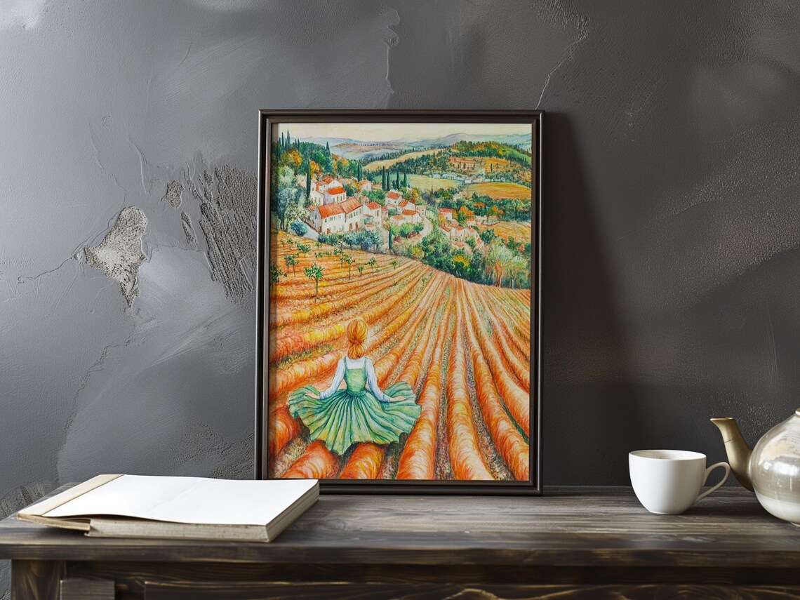 Woman in Green Dress Crossing a Field to a Hill Village Art Poster