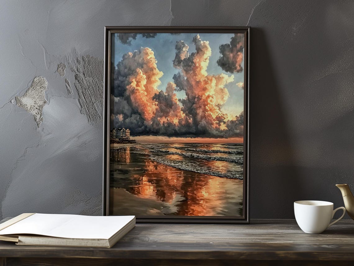Towering Sunset Storm Clouds Over a Coastal Beach Art Poster