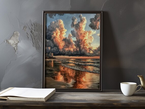 Towering Sunset Storm Clouds Over a Coastal Beach Art Poster