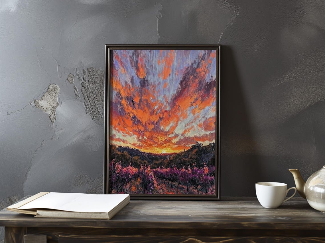 Mountain Valley Under Dramatic Sunset Clouds Impressionist Art Poster