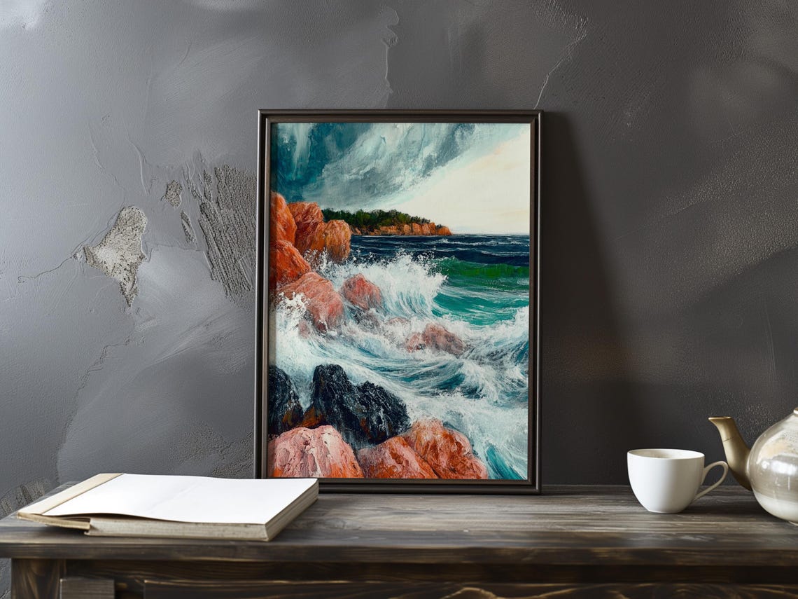 Turquoise Waves Breaking on Red Rocks Near a Green Headland Art Poster
