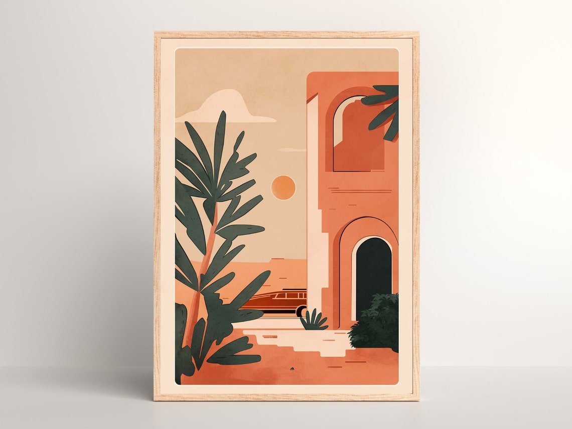 Moroccan Terracotta Building with Arches and Palm Tree Poster