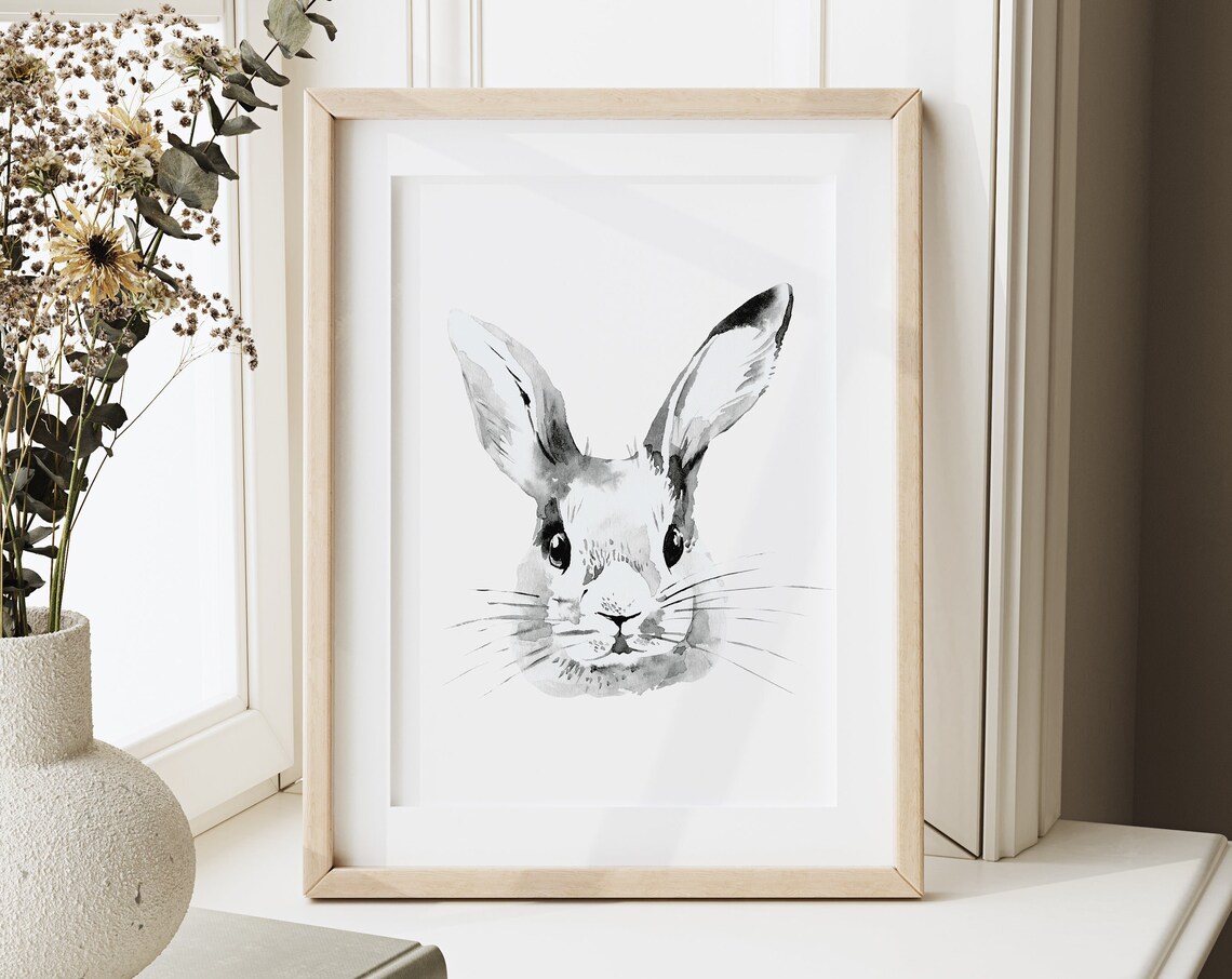 Watercolor Bunny Rabbit Face Black and White Nursery Animal Art Poster - Image 4