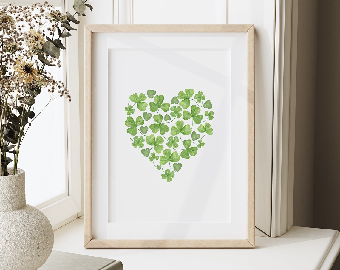 Shamrock Heart Watercolor Green St Patricks Day Irish Wall Print