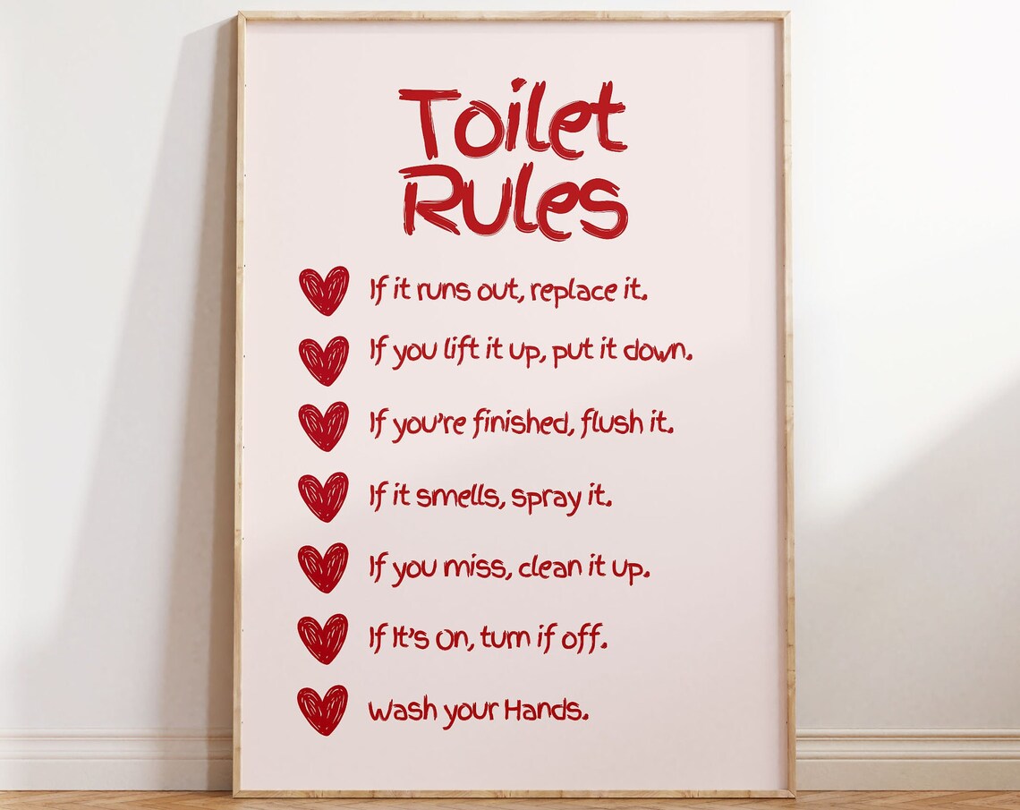 Funny Red Toilet Rules Heart Typography Bathroom Wall Decor Poster