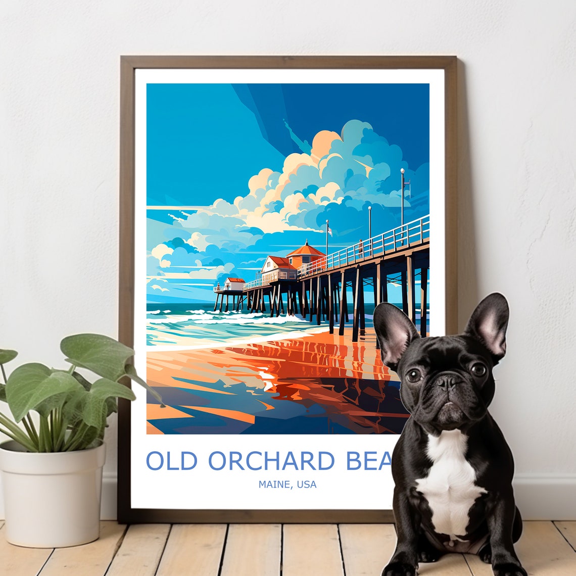 Old Orchard Beach Pier Sunset Ocean Waves Maine Coast Travel Poster - Image 2