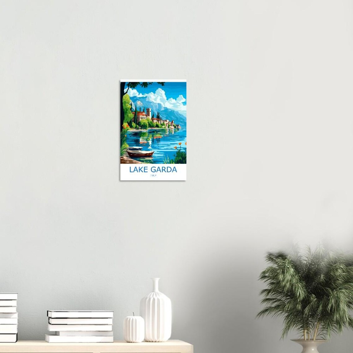 Lake Garda Peninsula Castle Tower and Rowboats Italy Lakeside Poster - Image 3