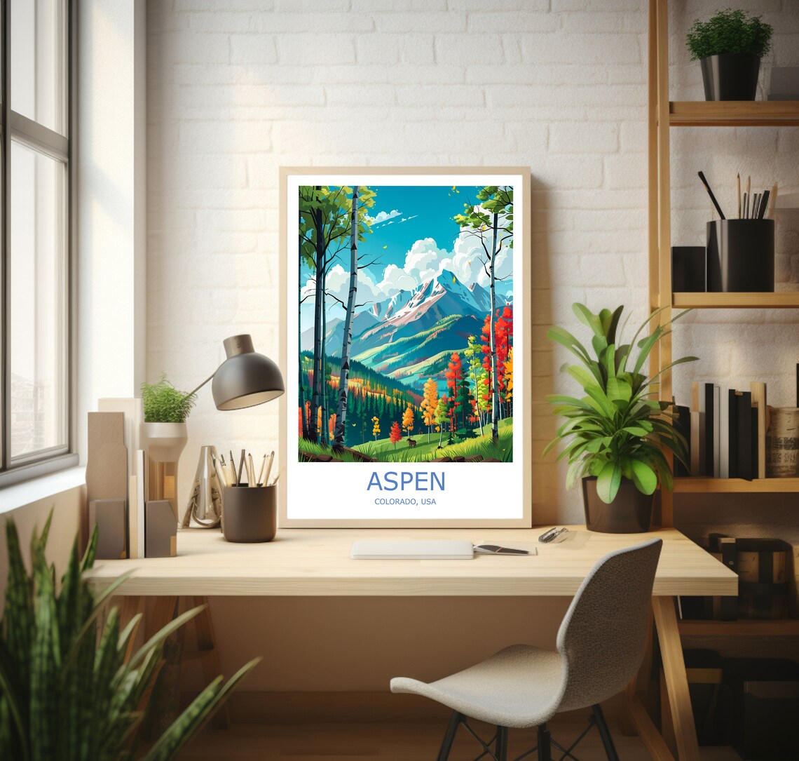 Aspen Colorado Aspen Trees Snowy Peaks Deer Scene Travel Poster - Image 3