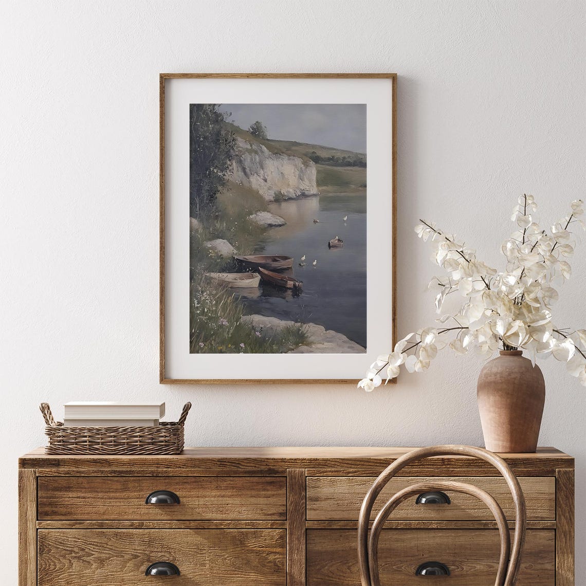 Tranquil River Rowboats Ducks White Chalk Cliffs Serene Nature Poster - Image 7