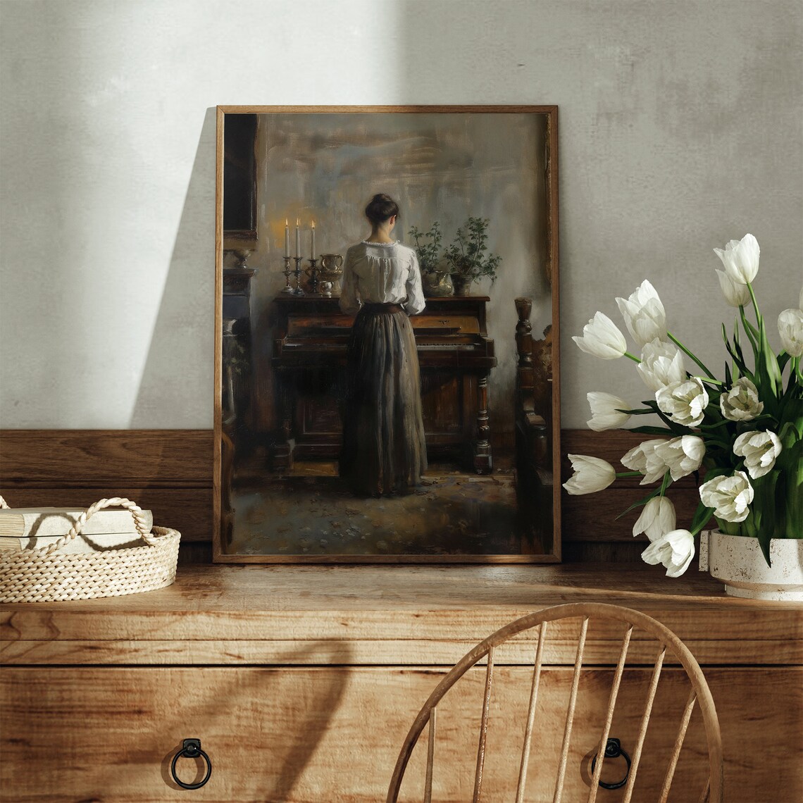 Woman At Candlelit Piano Moody Vintage Oil Painting Music Room Art Poster - Image 3
