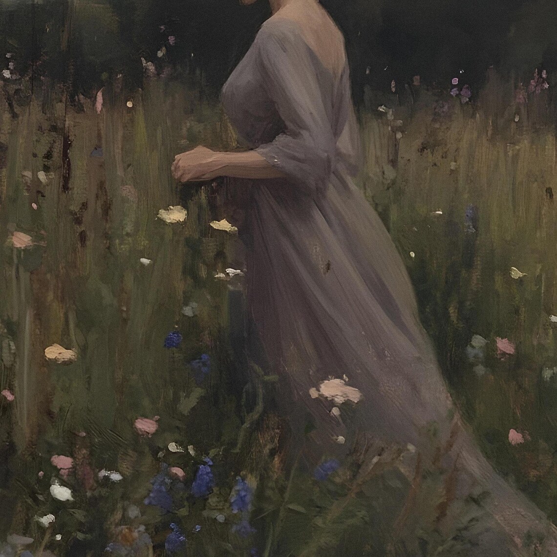 Woman In Lavender Dress Walking Wildflower Meadow Vintage Art Poster - Image 2