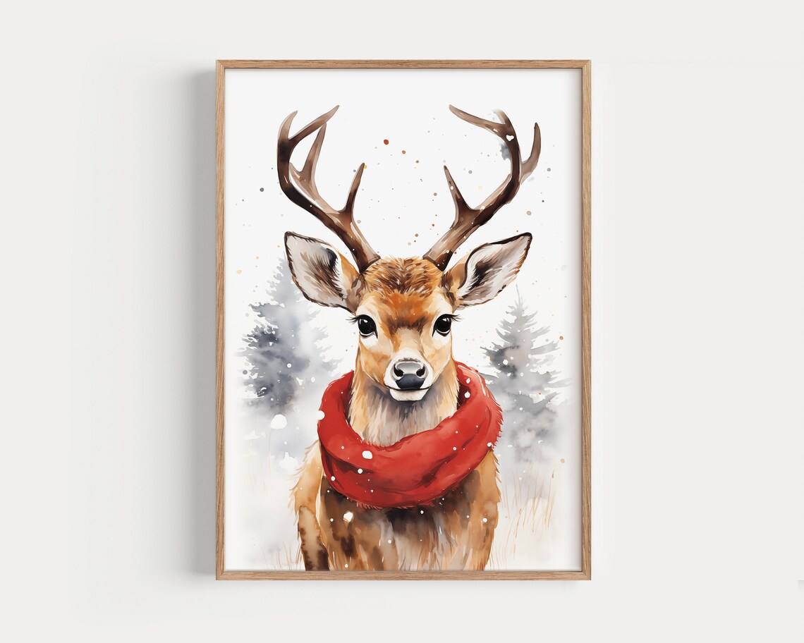 Cute Deer in Red Scarf Watercolor Winter Animal Nursery Poster - Image 4