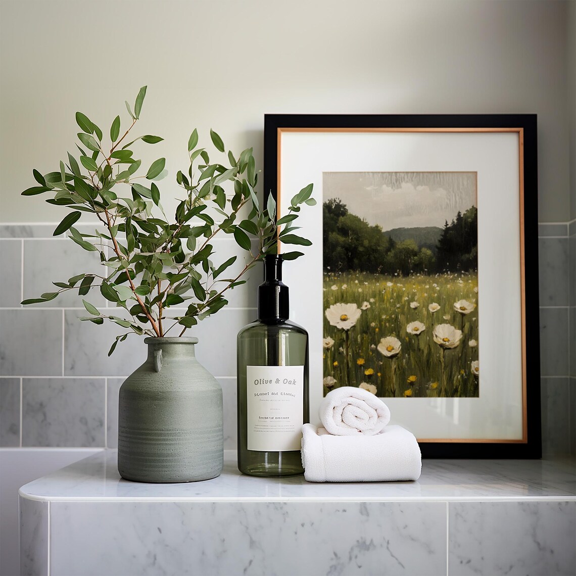 White Poppy Meadow With Forest Hills Vintage Floral Painting Poster - Image 5