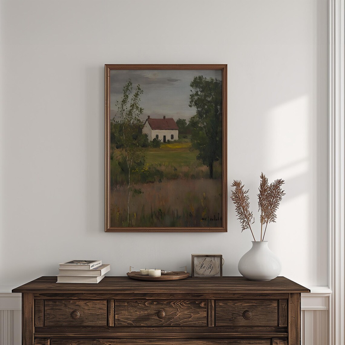 White House With Red Roof In Green Meadow Vintage Painting Poster - Image 4