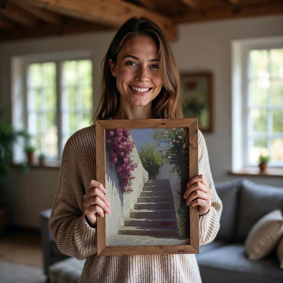 Sunlit Stone Stairway Bougainvillea White Walls Mediterranean Poster - Image 5