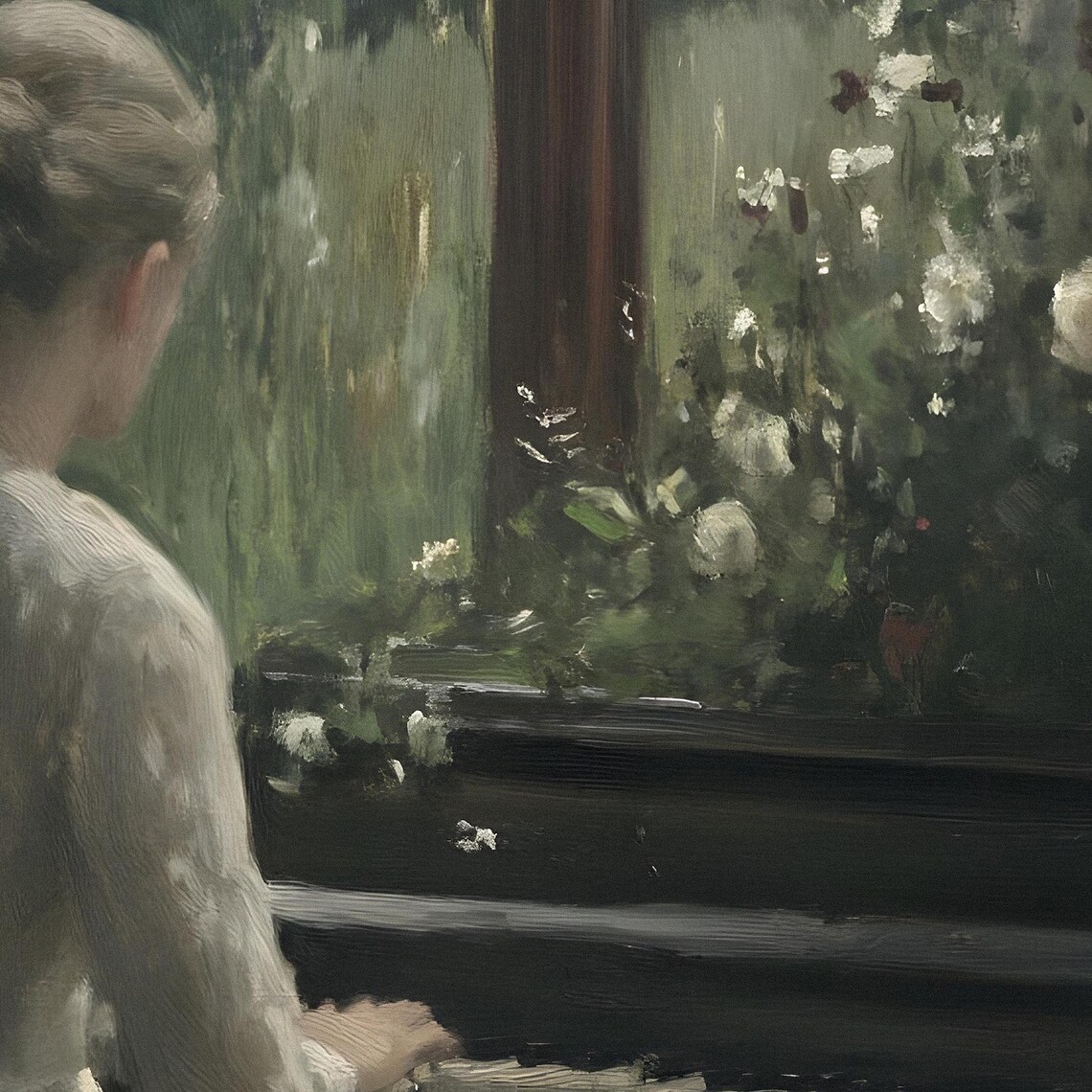 Woman At Piano White Dress Window Garden Moody Interior Oil Poster - Image 2