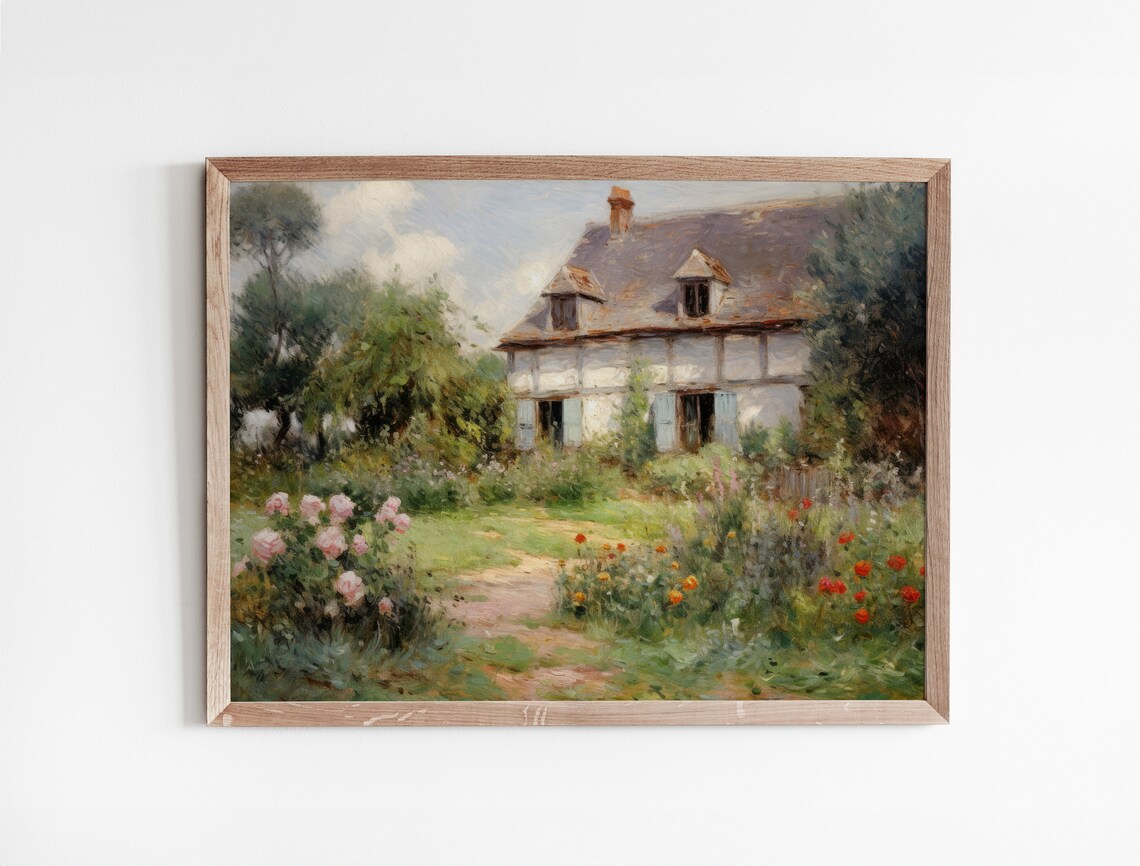 Cottage Garden With Pink Roses And Red Poppies Painting Poster - Image 3