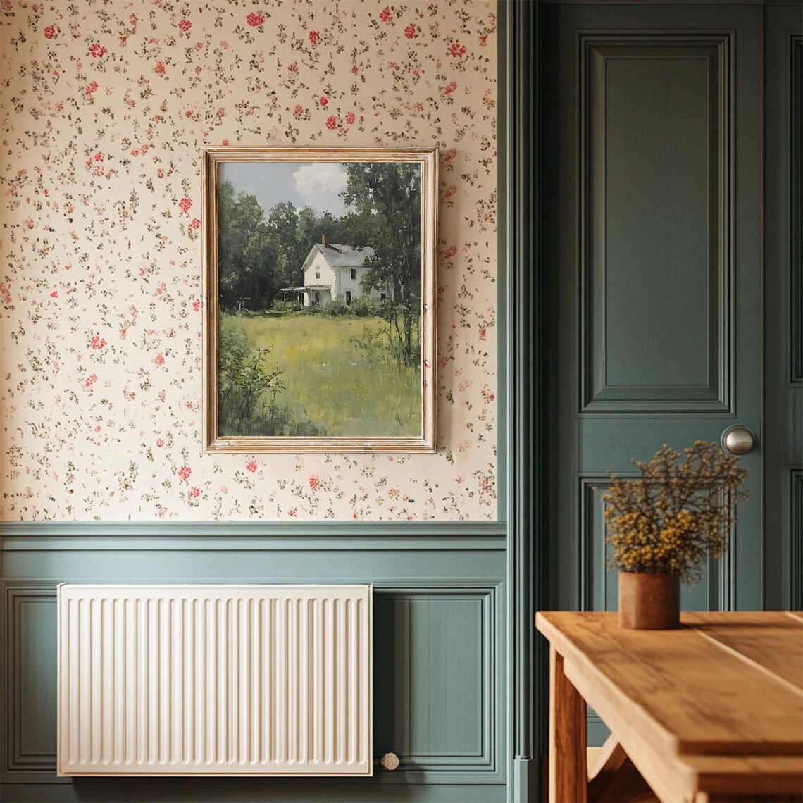 White Farmhouse Among Summer Trees Vintage Countryside Painting Poster - Image 3
