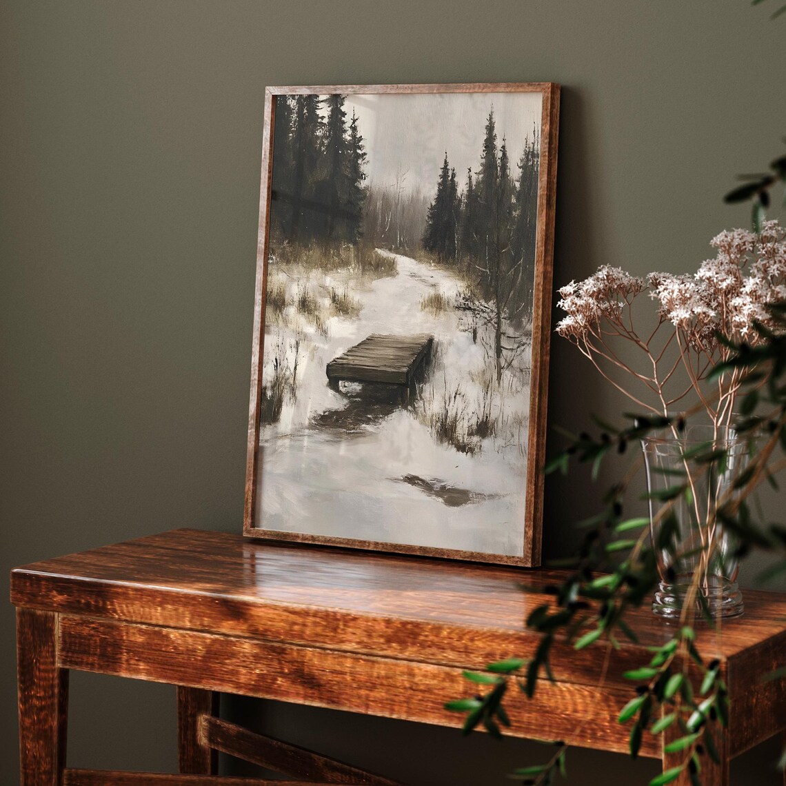 Vintage Winter Landscape, Moody Forest Scene With Bridge - Image 6