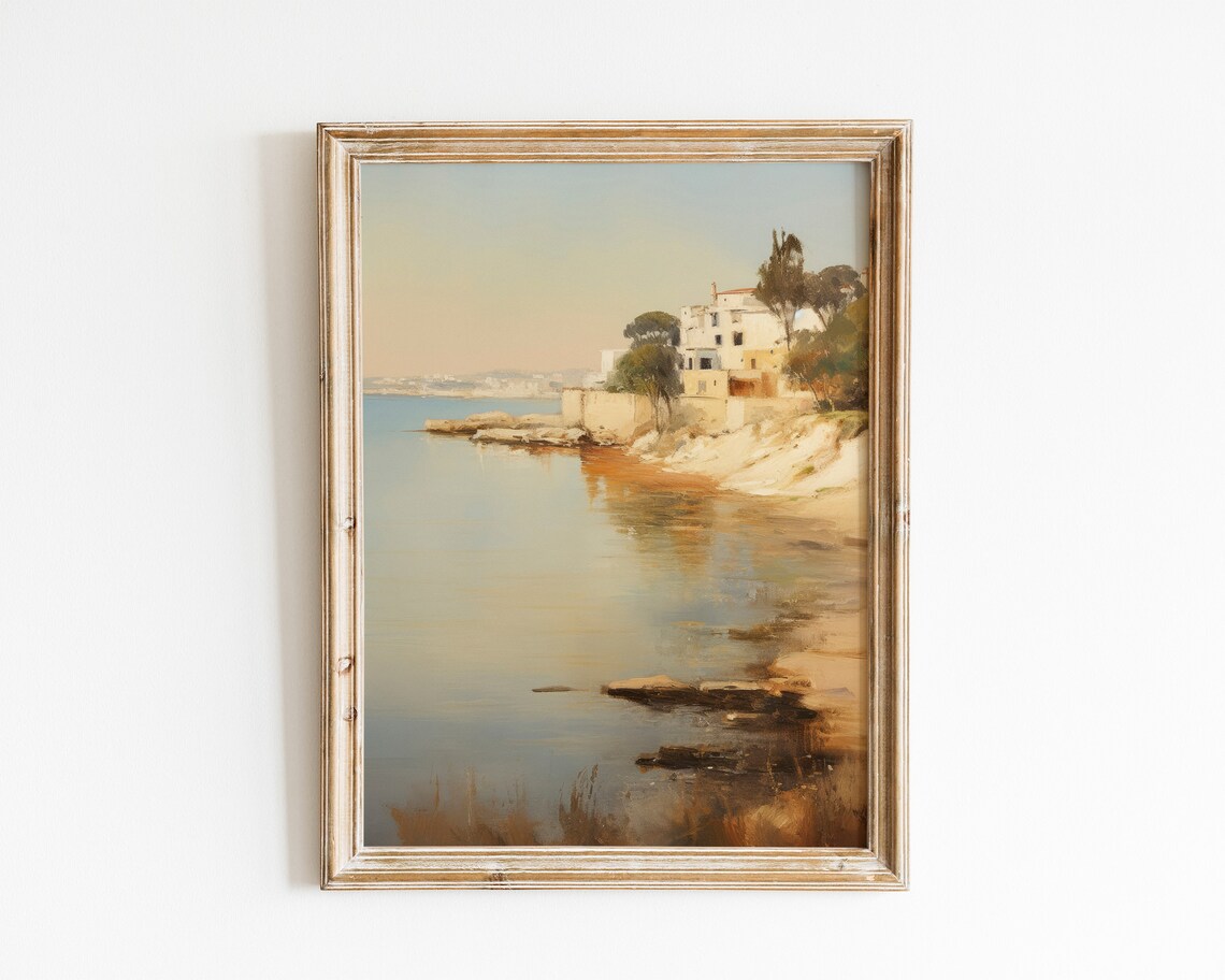 Serene Coastal Bay with White Village Houses Vintage Calm Seascape Poster
