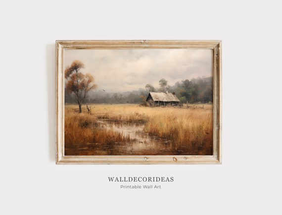 Vintage Cottage Landscape Oil Painting Farmhouse Decor Wall Art Cottage Wall Decor Wall Art