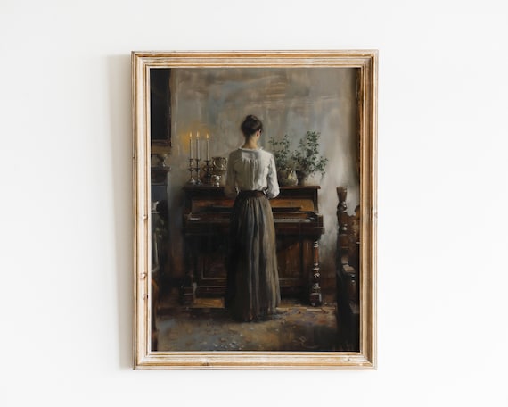 Woman At Candlelit Piano Moody Vintage Oil Painting Music Room Art Poster