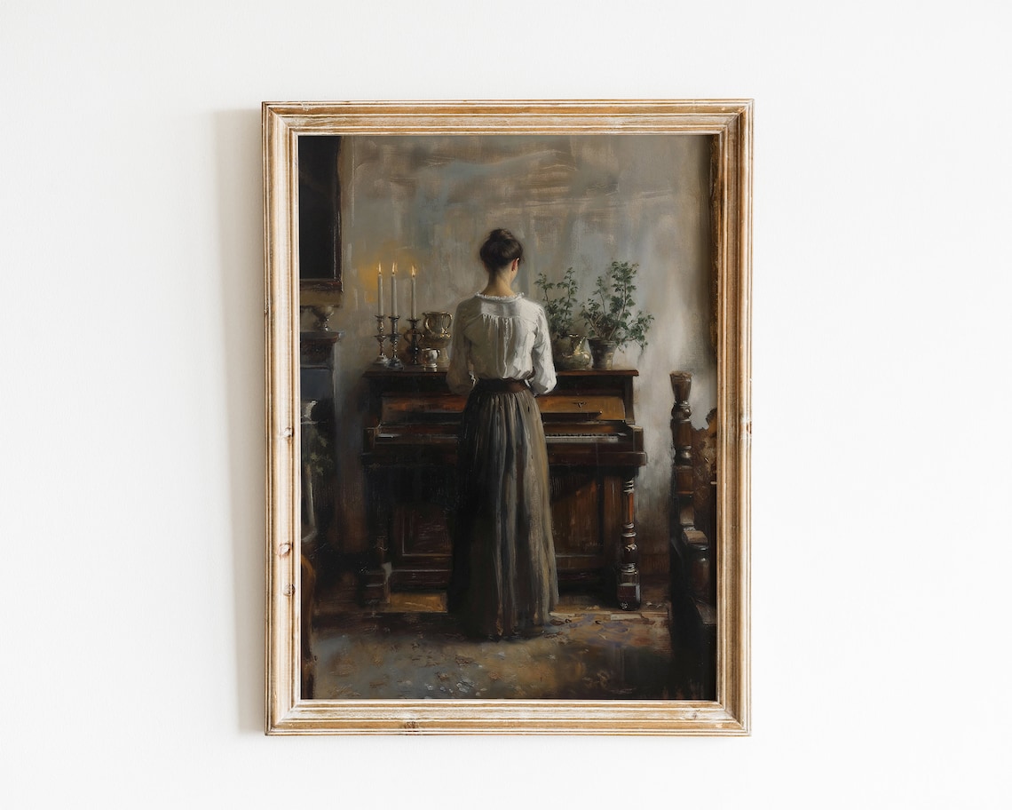 Woman At Candlelit Piano Moody Vintage Oil Painting Music Room Art Poster