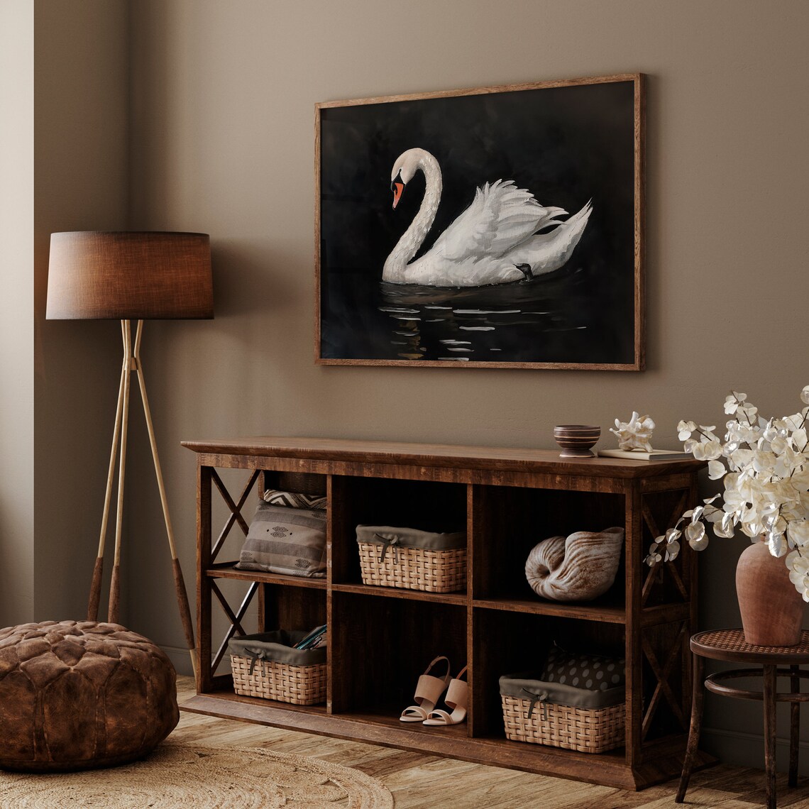 White Swan on Dark Water Dramatic Vintage Oil Painting Bird Poster - Image 4