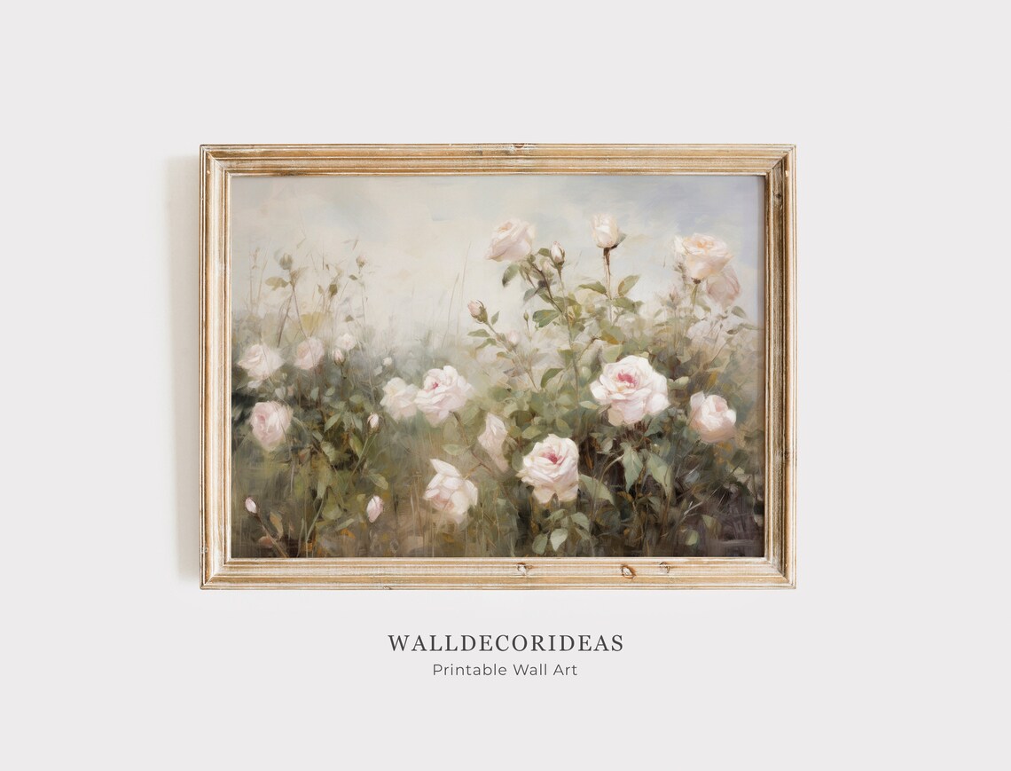 White Rose Bushes In A Misty Morning Garden Floral Painting Poster