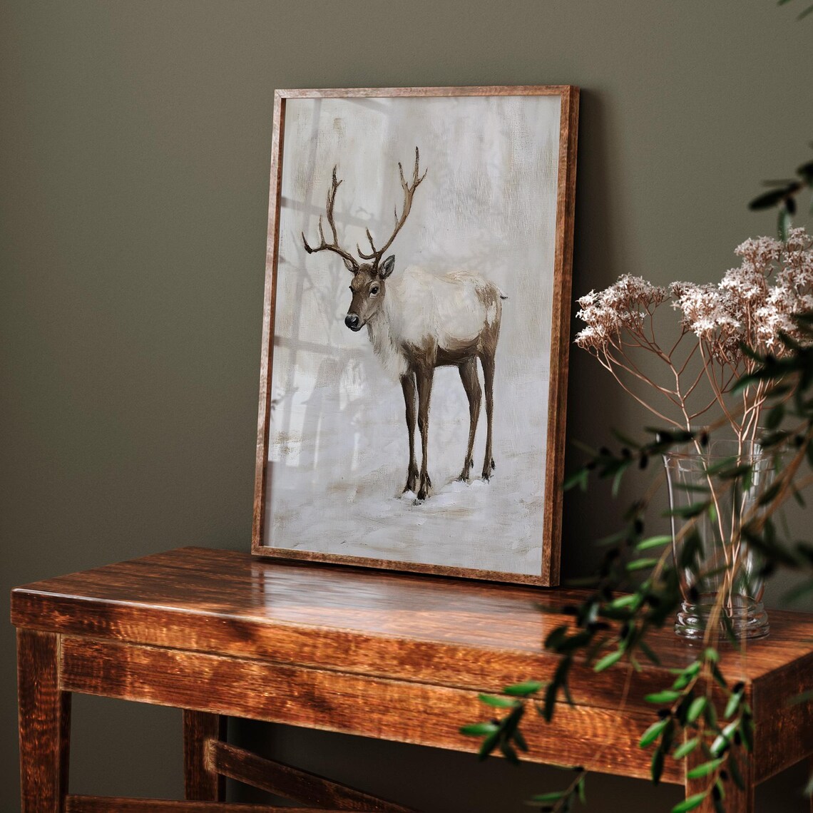 Standing Reindeer In Snow Neutral Toned Vintage Winter Animal Poster - Image 6