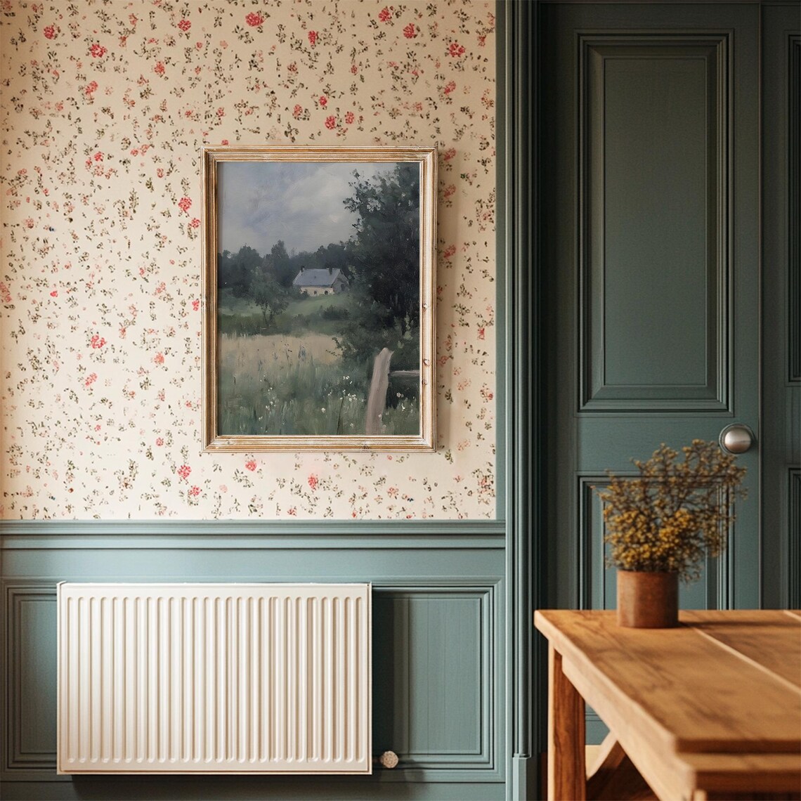 Vintage Countryside Landscape, Moody Rural Cabin Scene - Image 3