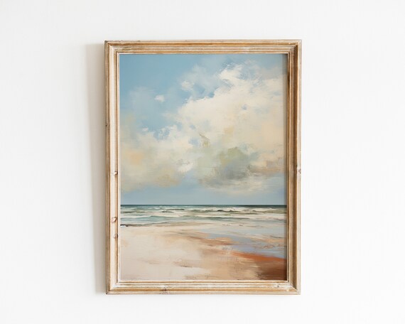 Soft Neutral Beach Seascape Gentle Waves Cloudy Sky Minimalist Oil Poster