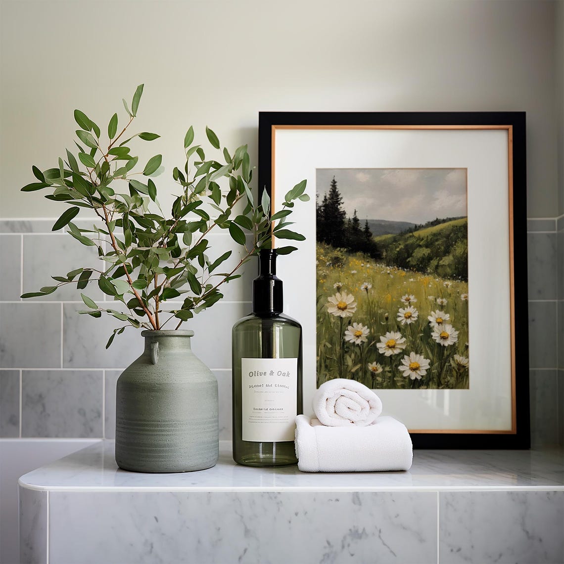 Daisy Field Before Pine Forest Vintage Green Meadow Painting Poster - Image 5