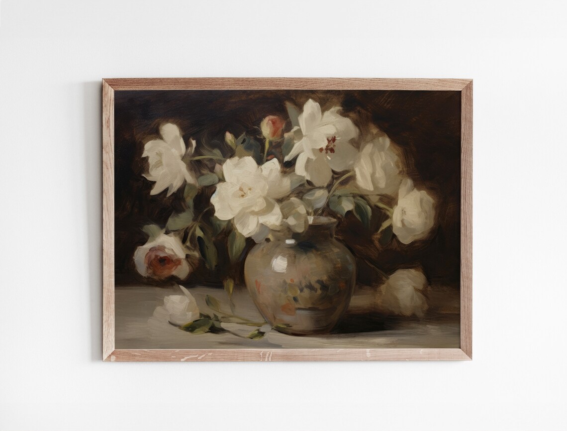 White Roses In A Ceramic Vase Dark Moody Floral Painting Poster - Image 3