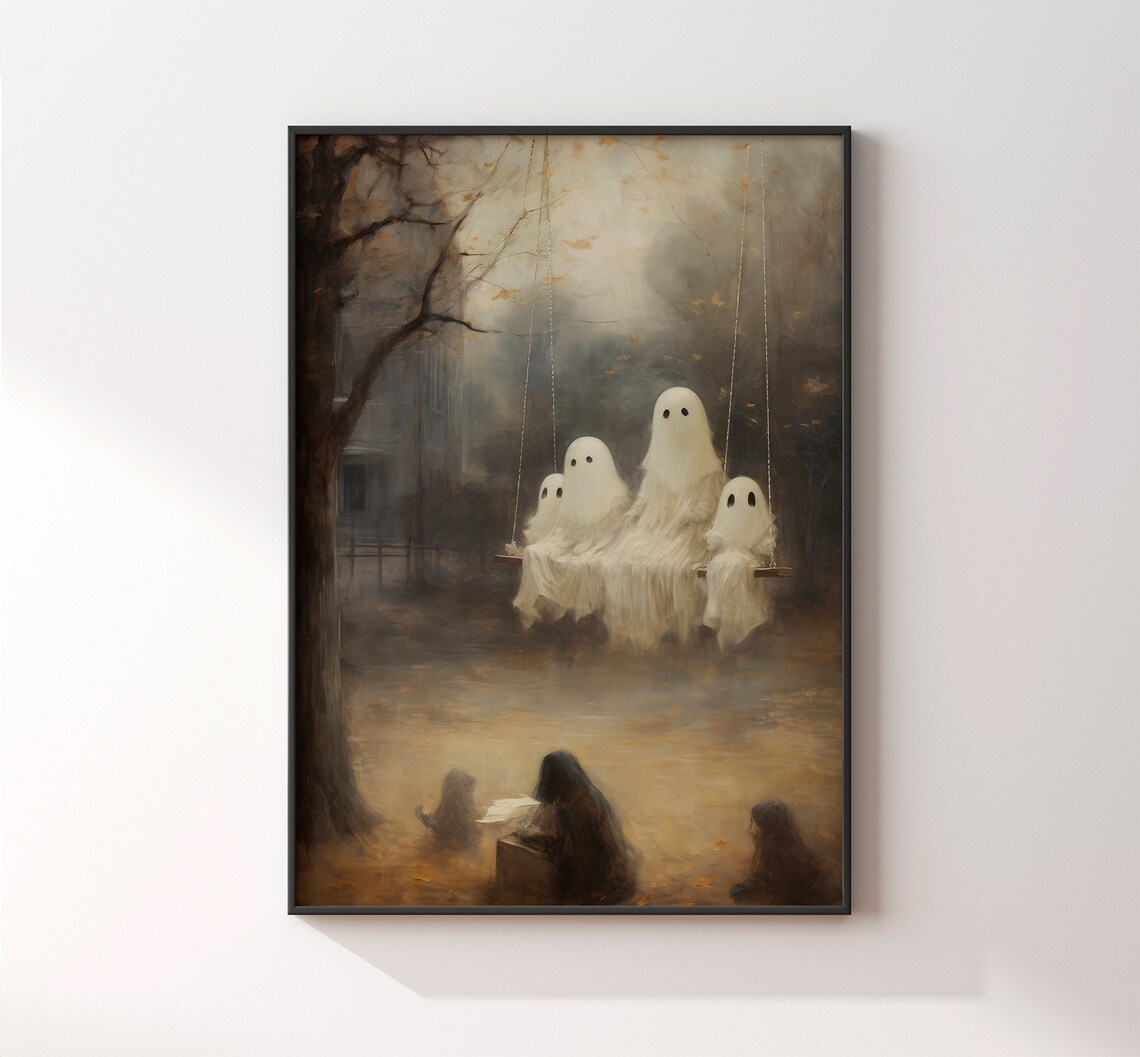 Ghost Family On A Swing In A Misty Autumn Park Halloween Poster - Image 2