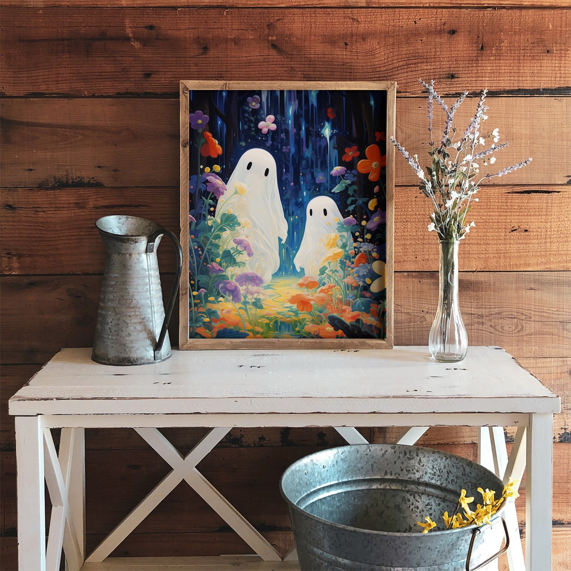 Two Ghosts In A Waterfall Grotto With Bright Flowers Halloween Poster - Image 4