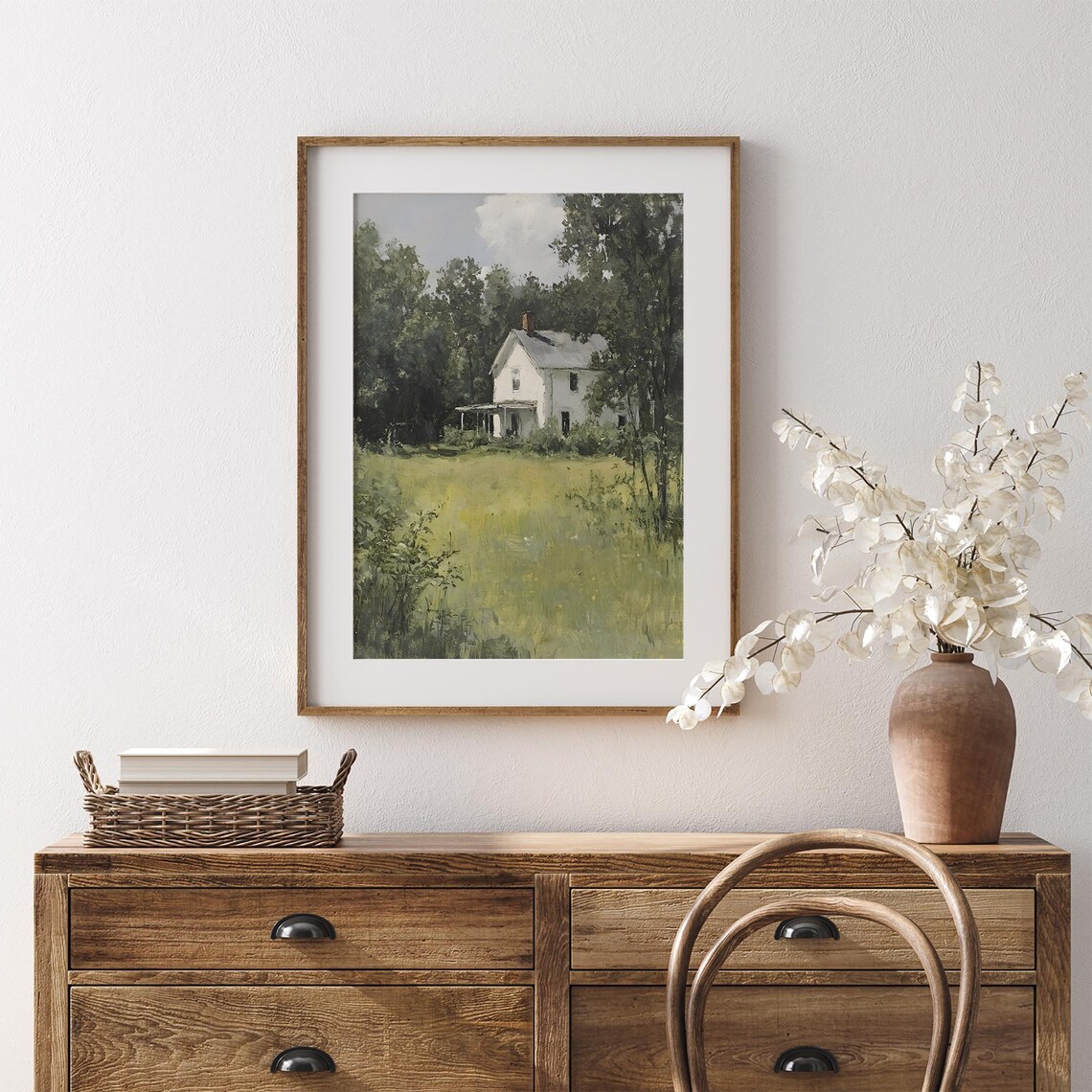 White Farmhouse Among Summer Trees Vintage Countryside Painting Poster - Image 7