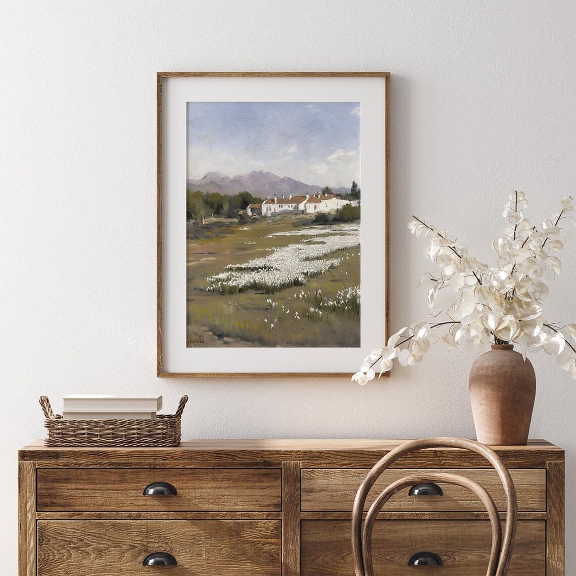 Mountain Village With White Flower Field Vintage Rustic Painting Poster - Image 7