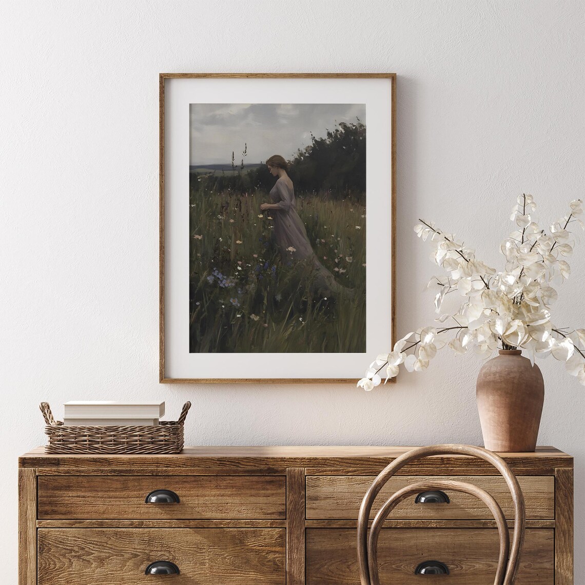 Woman In Lavender Dress Walking Wildflower Meadow Vintage Art Poster - Image 7