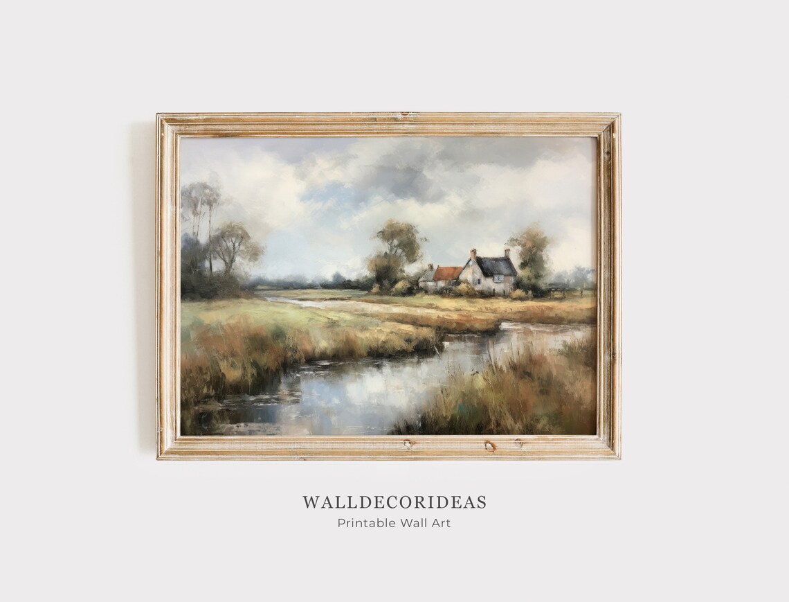 Country Cottage by a Winding River Pastoral Green Landscape Art Poster