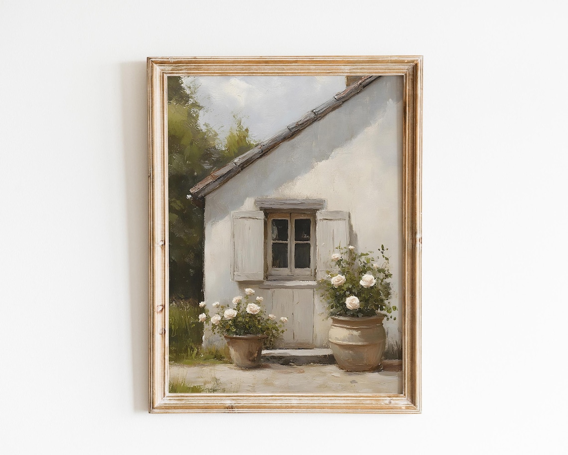 White Cottage Window With Potted White Roses Vintage Spring Floral Art Poster