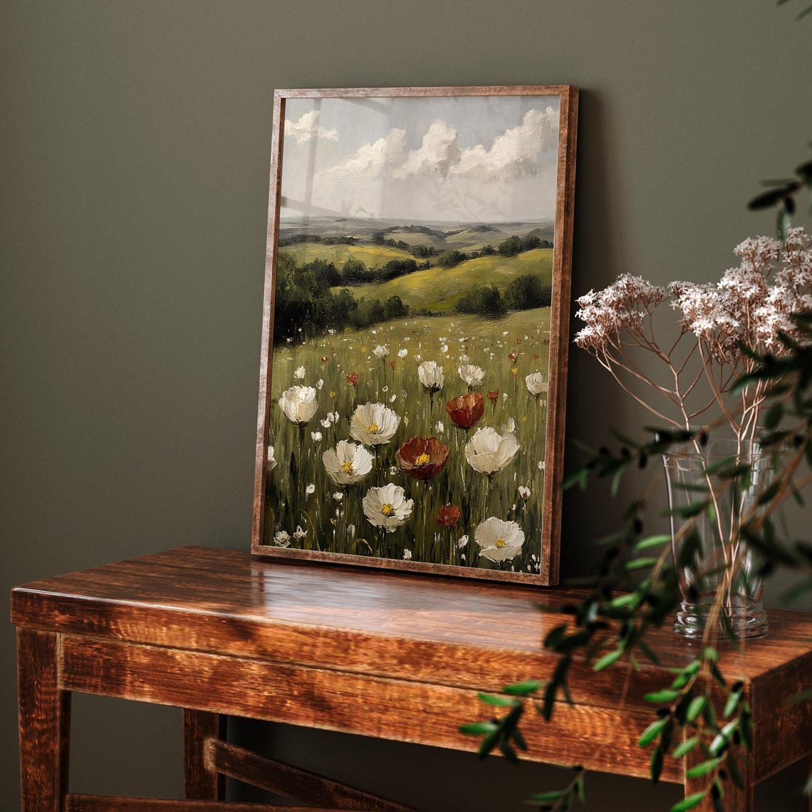 White And Red Poppies Over Rolling Green Hills Vintage Field Poster - Image 6